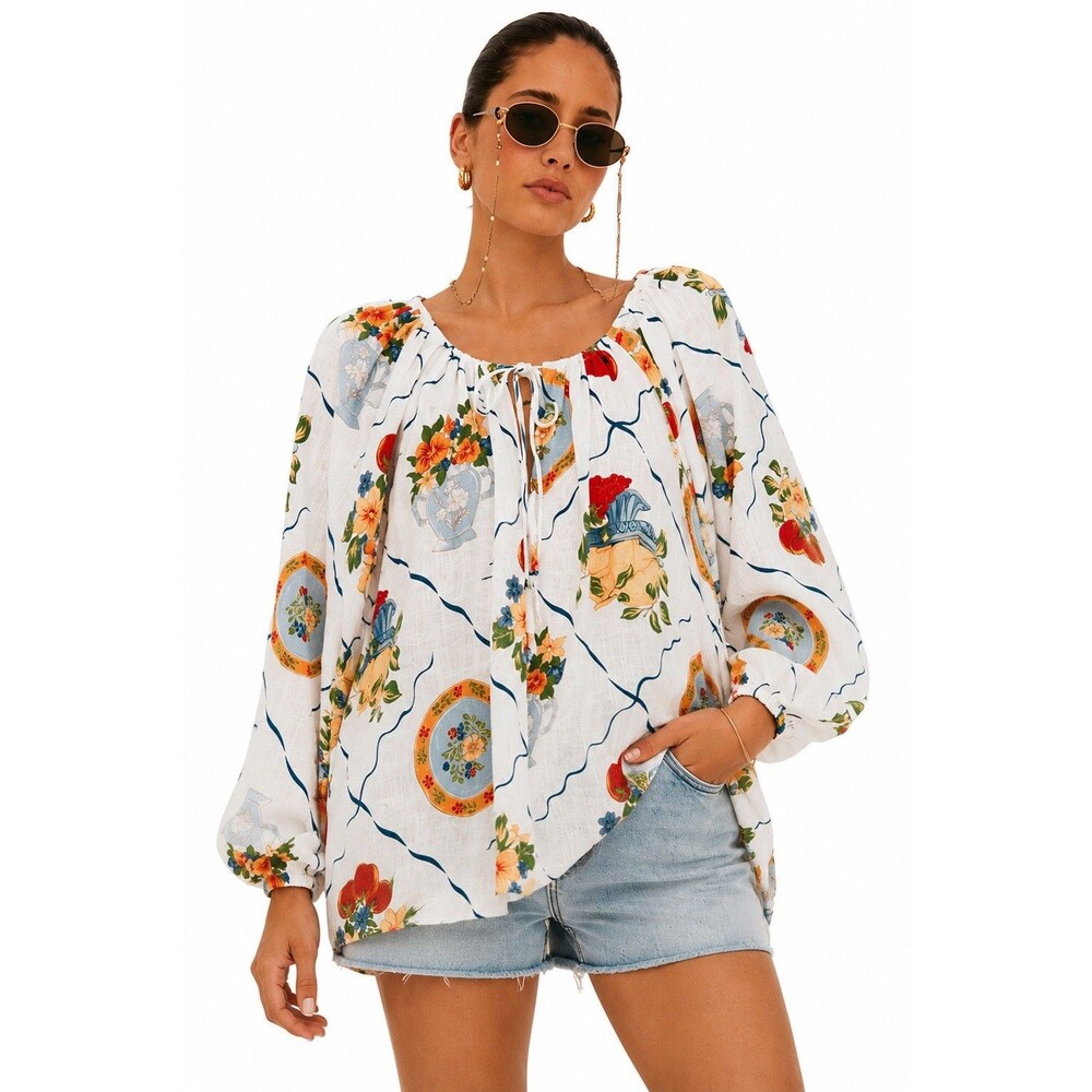 NEW Sabo Womens Size Small Linen Blend Oversized Amorina Top in Trattoria Print